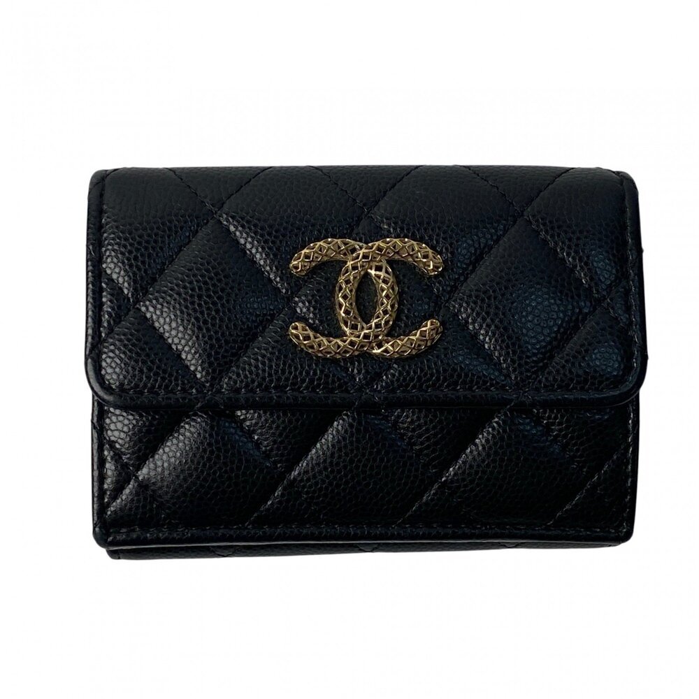 CHANEL Authentic Black Caviar Leather Logo Wallet